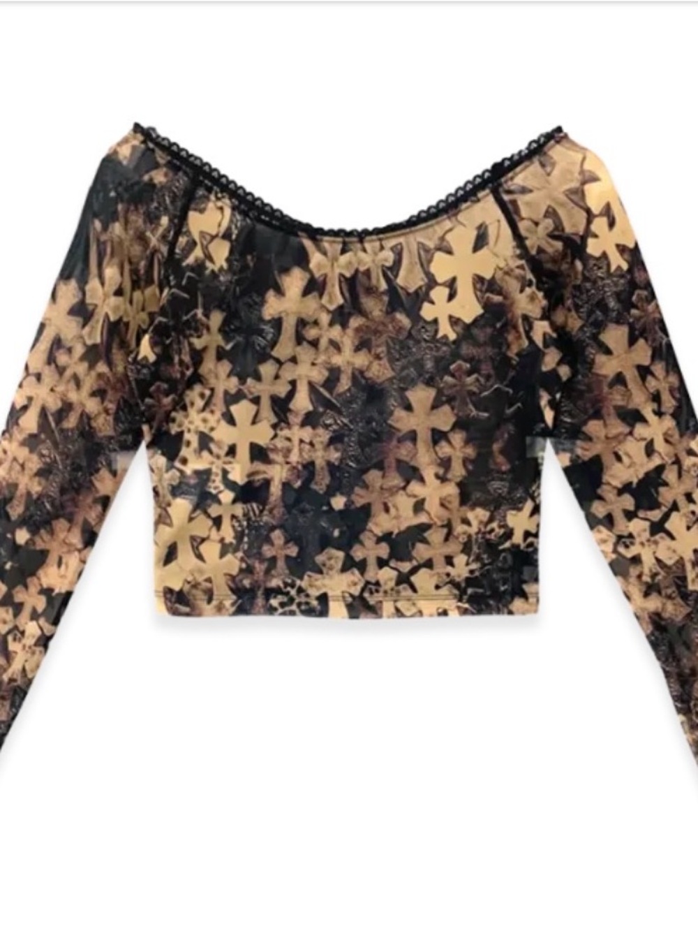 Chrome Hearts Black and Tan Floral Cutout Long Sleeve Crop Top